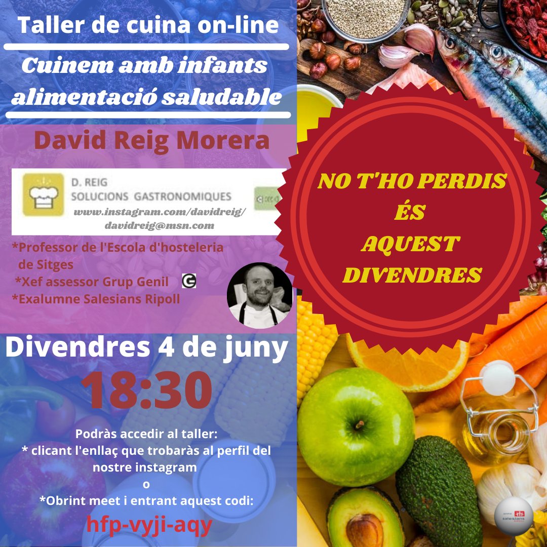 Us recordem que aquest divendres esteu convidats al taller de cuina per infants que ens farà el xef David Reig.
Si hi vols participar clica l'enllaç:

meet.google.com/hfp-vyji-aqy