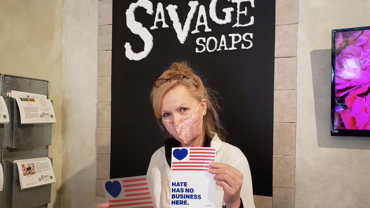 HRC_FredCo's tweet photo. Shout out to Misti with #SavageSoapCompany for standing against hate &amp; indifference in Frederick County as part of the "Hate Has No Business Here" campaign! More signs are coming soon, so be on the lookout for your business to join the campaign!! #frederickhhnbh https://t.co/mnGYWsJW6h