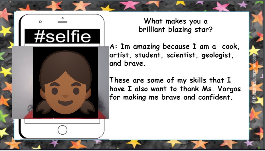 SEL_Doug's tweet photo. Ms. Vargas from Grissom did a great activity to promote Self-Confidence with her class last month. Students posted their selfies and described what makes them a star. Try it with your students! https://t.co/FQyE6GLEsq