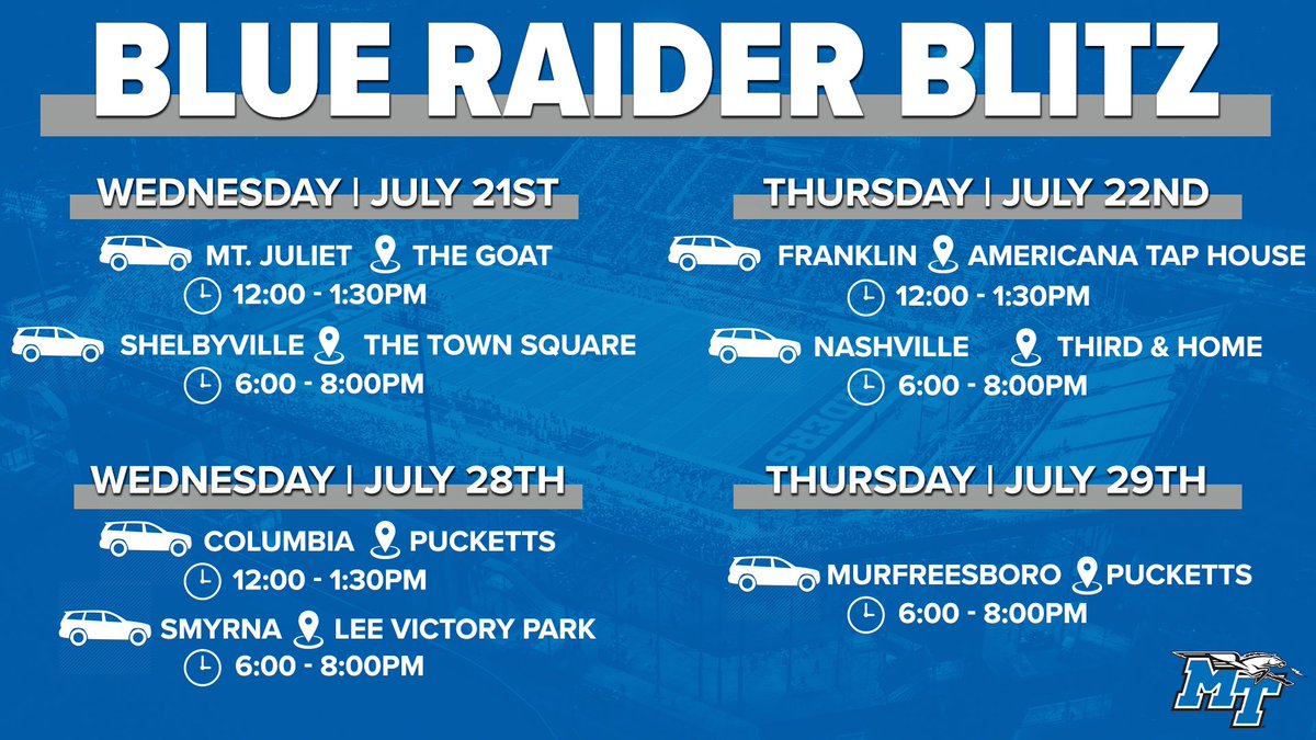 Blue Raider Nation,

Get ready to meet and mingle with Head Coach Rick Stockstill and other MT head coaches as the Blue Raider Blitz rolls across the mid-state. The Blitz is a community-wide event with guaranteed fun for the whole family!

📰 bit.ly/2TsXyaE

#BlueRaiders