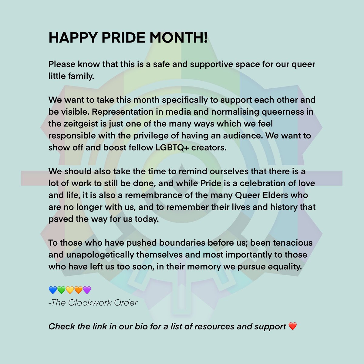 ClockworkOrder's tweet photo. HAPPY PRIDE MONTH!
✨🏳️🌈🏳️⚧️✨
To all of our wonderful community; our amazing audience and supporters and our fellow siblings in the LGBTQ+ community, we welcome you all with open arms! ❤
#pride #LGBTdnd #RepresentationMatters #LGBTQ #ClockworkOrder https://t.co/MAww2ILI3X