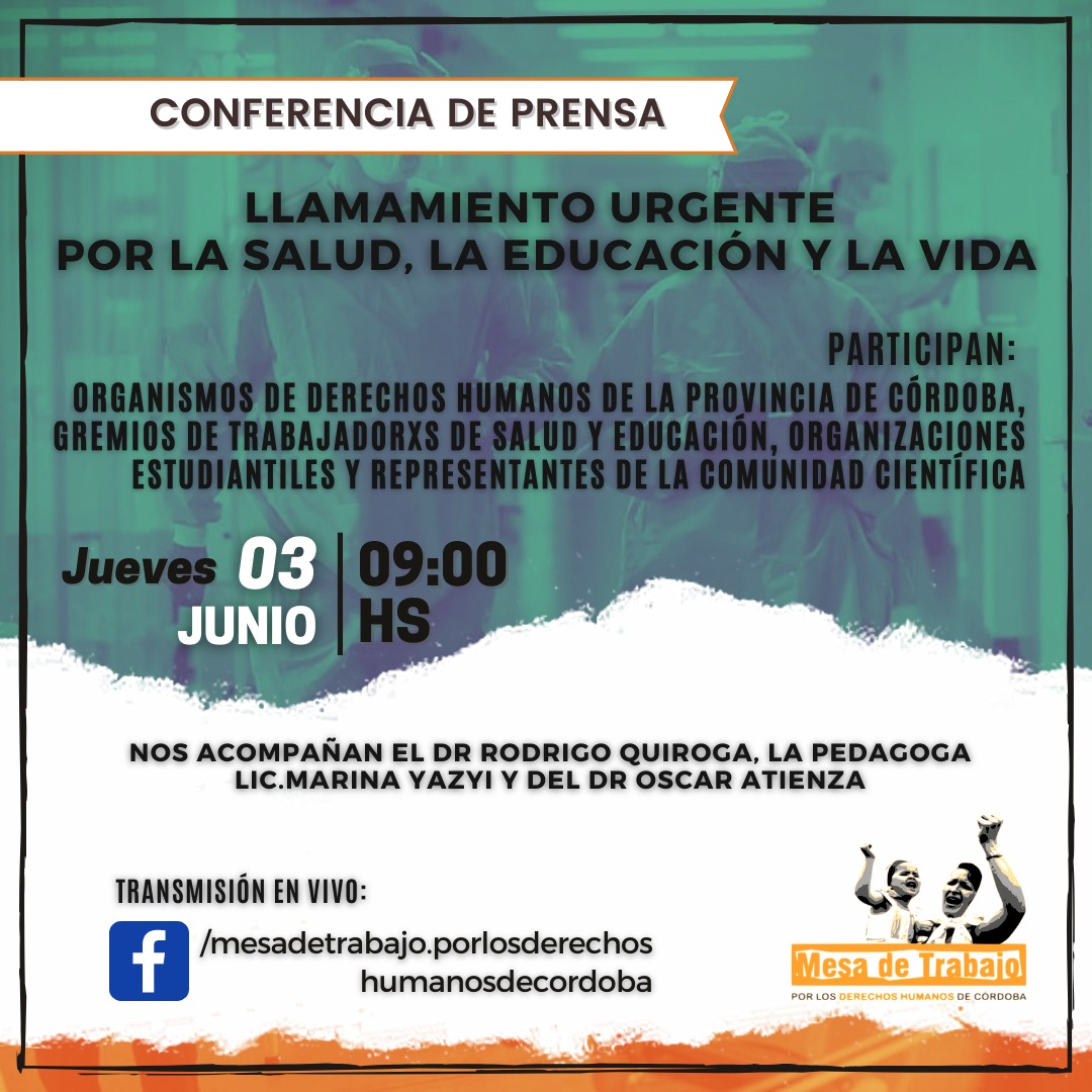 #ConferenciaDePrensa | 3 de junio | 9 am
👉🏽LLAMAMIENTO URGENTE POR LA SALUD, LA EDUCACIÓN Y LA VIDA.
Para poner en diálogo y profundizar lo expuesto en la Carta Abierta: POR UN ESTADO PRESENTE PARA GARANTIZAR LA SALUD LA EDUCACIÓN Y LA VIDA