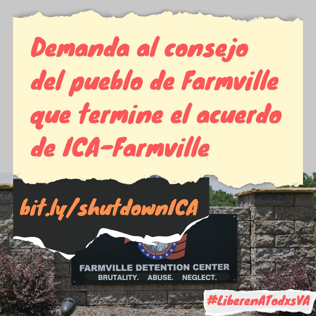 FreeThemAllVA's tweet photo. 🚨Urgente! Demanda al consejo del pueblo de Farmville que termine el acuerdo de ICA-farmville! Firma la petición: https://t.co/MyzPDzA1nx! https://t.co/St7A2iZQr7