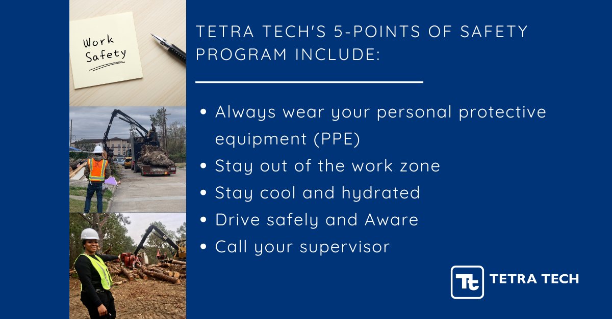 TetraTech's tweet photo. We’re proud to highlight our #DisasterRecovery team & their commitment to our #HealthAndSafety program. In Nov 2020, following the impact of hurricanes impacting the #GulfCoast, they implemented a 5-Points of Safety Program to help workers keep #FieldSafety in mind. #SafeEveryDay https://t.co/qViQbJPXJS