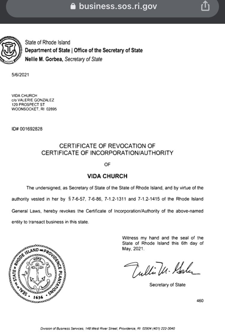 WoonsocketWatch's tweet image. Councilwoman Gonzalez failed to file Annual report for VIDA church last year causing @RISecState to revoke it’s certificate to transact business in the state of Rhode Island.  The report was due June 2020 at the beginning of last campaign season #02895 #Woonsocket #Finances