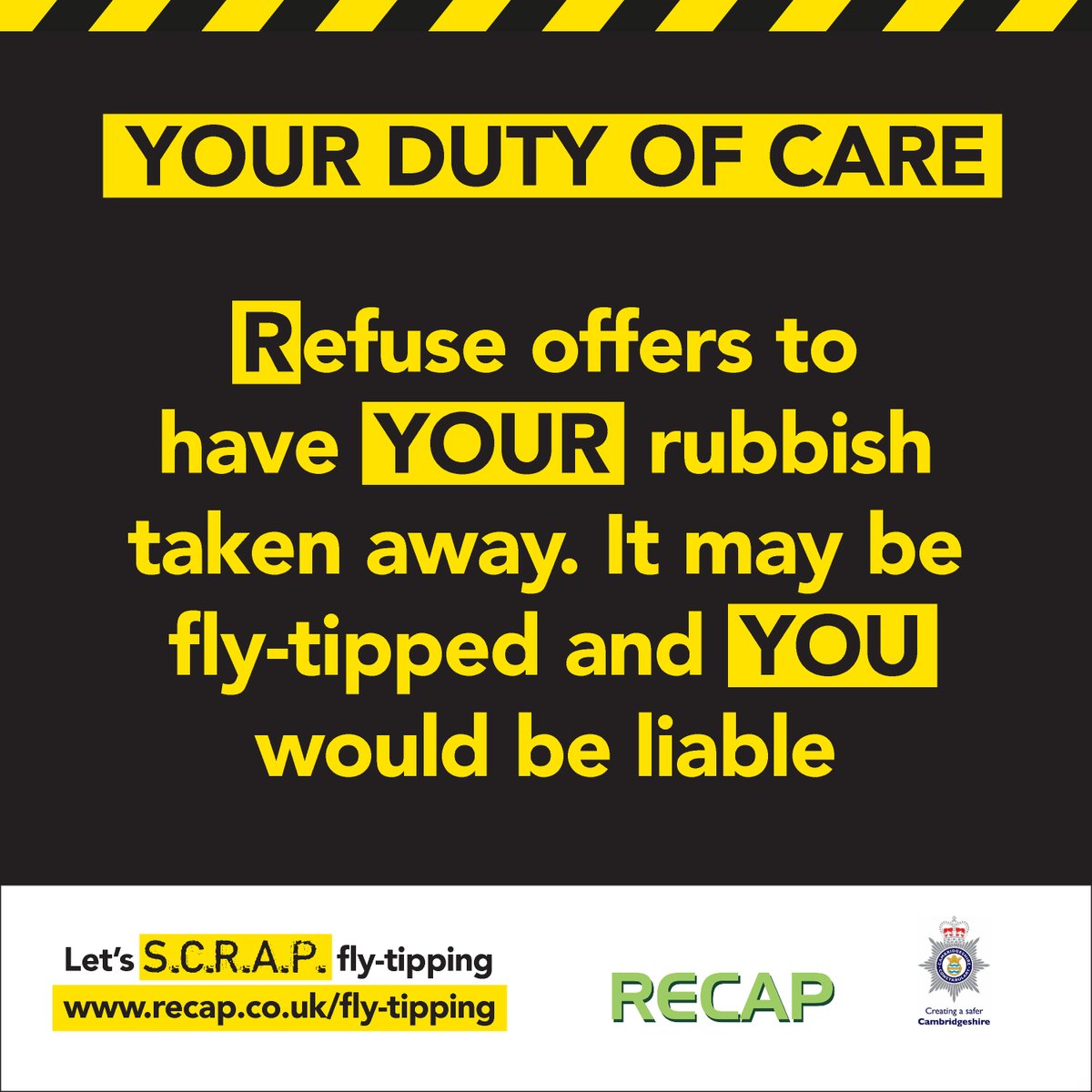 RecapRecycles's tweet photo. How can you prevent #flytipping and avoid a fine? REFUSE! If you do not trust that someone will dispose of #waste legally, report their vehicle registration and name to the Environment Agency.

#SCRAPflytipping https://t.co/gE1lR7dL6v‐tipping.

#RecapRecycles https://t.co/AKfcvN3eSb