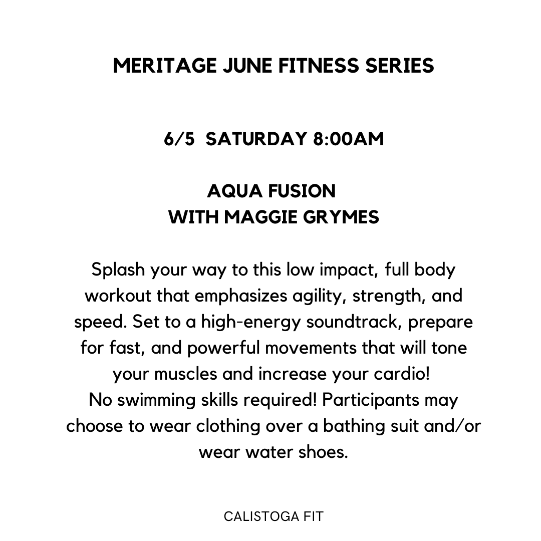 Aqua Fusion with Maggie Grymes this Saturday at the Meritage Resort &amp; Spa! Can't wait to see you there #Calistoga #NapaValley #MeritageResort #Exercise #AquaFusion #Aqua #Workout #WeekendWorkout  #WineCountry #Fitness #FitnessSeries #CalistogaFitness #CalistogaFit #BayArea