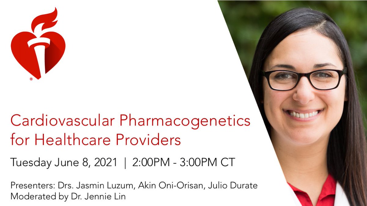 Cardiovascular Pharmacogenetics | June 8 2:00 PM CST: Learn about current pharmacogenetic clinical guidelines in #cardiology practice, review recommendations for clopidogrel, and dive into a case study.

To register: heart.zoom.us/webinar/regist…

#MedGeneEd21 #CardioTwitter