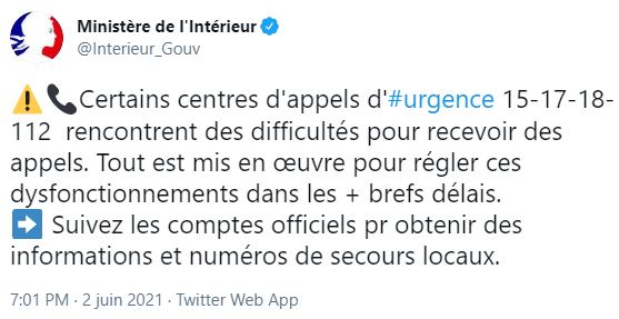 Plusieurs centres d'appels d'urgence, dont le Samu, les pompiers et la police, ont signalé en début de soirée des difficultés de réception des appels à travers la France, a rapporté le ministère de l'Intérieur sur Twitter #AFP