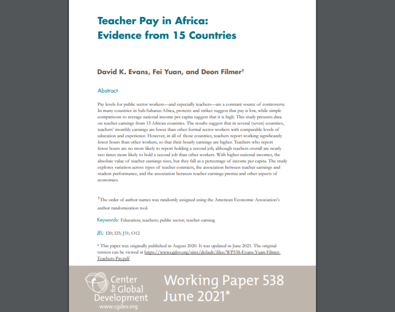 "Teacher Pay in Africa: Evidence from 15 Countries" 

cgdev.org/publication/ar… by <a href="/Yuan_Fei_/">Fei Yuan</a> (<a href="/hgse/">Harvard Graduate School of Education (HGSE)</a>), @Deon_Filmer (<a href="/WB_Research/">World Bank Research</a>), and me (<a href="/CGDev/">Center for Global Development</a>)

Revised working paper now available!

(There's a link to the original working paper as well.)
