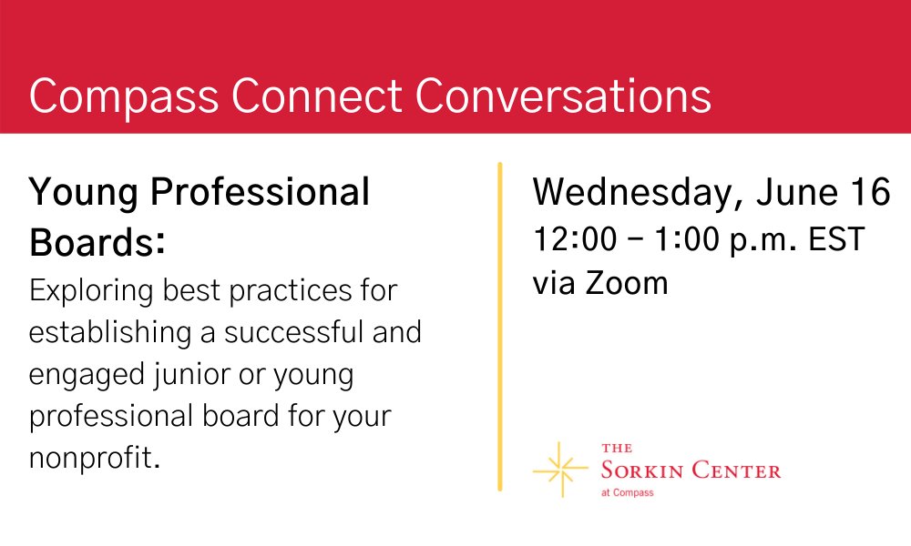 Join #CompassConnectConversations on June 16 at 12pm ET to discuss best practices for associate and young professional boards. Featuring leaders from @DCEnglishCenter, <a href="/Bethesda_Proj/">Bethesda Project</a> and <a href="/LittleCityOrg/">Little City</a>. #nonprofitleadeship
Register here: bit.ly/3c4y4XJ