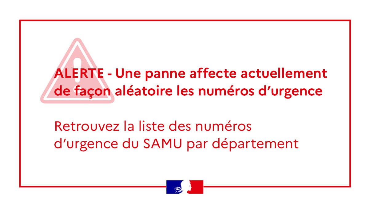 #Alerte | Une panne affecte actuellement de façon aléatoire les numéros d’#urgence. 
Retrouvez la liste des numéros du SAMU par département ➡️solidarites-sante.gouv.fr/actualites/act…