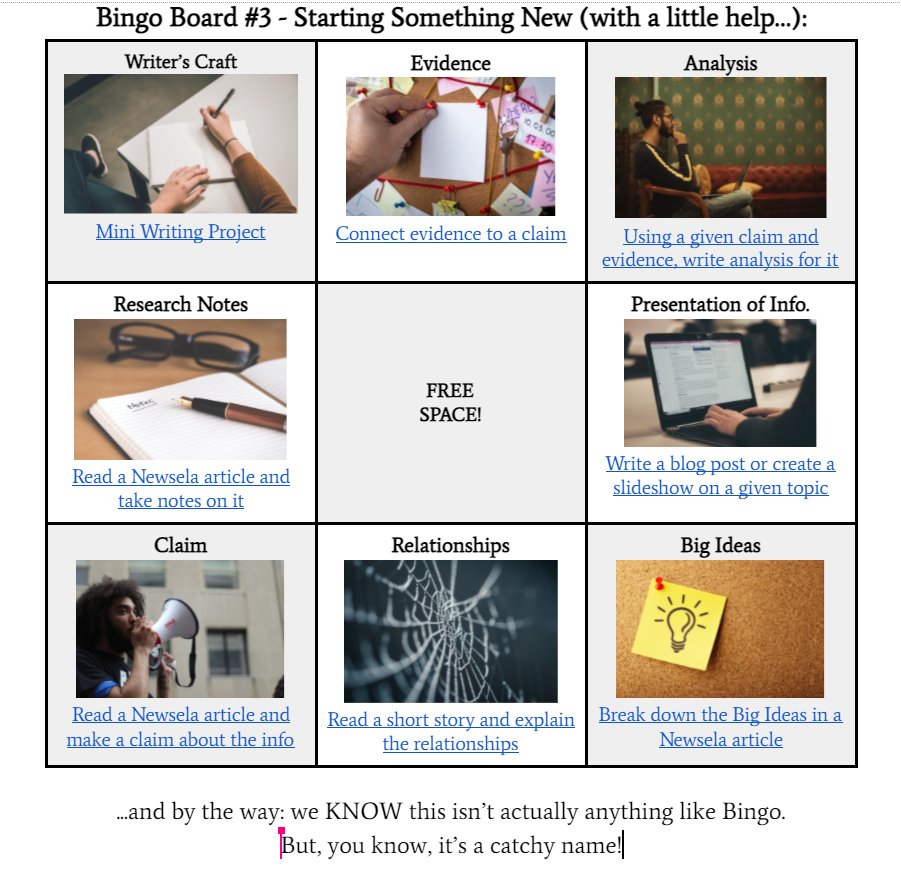 This feels good: "Year-End Bingo Boards" to provide students the opportunity to improve on transferable skills by revisiting prior work or starting something new (with choice involved) #vted #personalizedlearning #pblchat