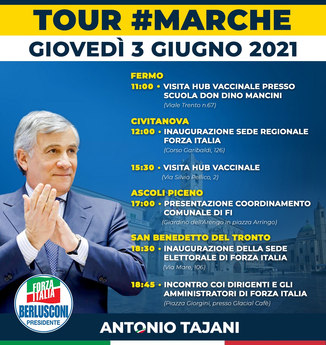 Antonio_Tajani's tweet photo. Fermo, Civitanova, Ascoli Piceno e San Benedetto del Tronto. Domani un bel tour nelle #Marche insieme a dirigenti, eletti e militanti di @forza_italia. Siamo l'asse portante del centrodestra e alle prossime amministrative saremo ancora decisivi. A domani, amici marchigiani! https://t.co/gdVVYlC4F9