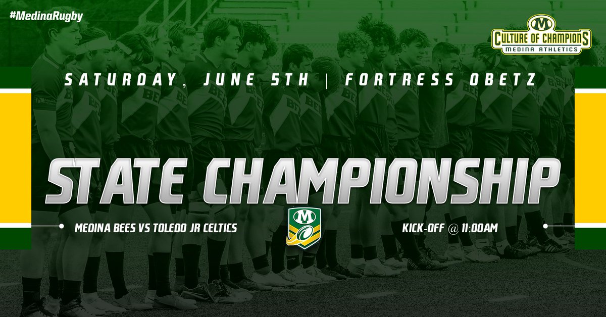 🏉HS BOYS RUGBY STATE CHAMPIONSHIP🏉
#1 Medina Bees face off against #2 Toledo Jr Celtics on Saturday, June 5th in the D1 Rugby State Championship. Kick-off at 11:00am at Fortress Obetz Stadium.
 
<a href="/medinaathletics/">Medina Athletics</a> <a href="/MedinaBoosters/">MedinaBoosters</a> <a href="/MCScomm1/">MCS Communications</a> <a href="/mhs_swarm/">MHS SWARM</a> 

📺: rugbyohio.com/live-stream