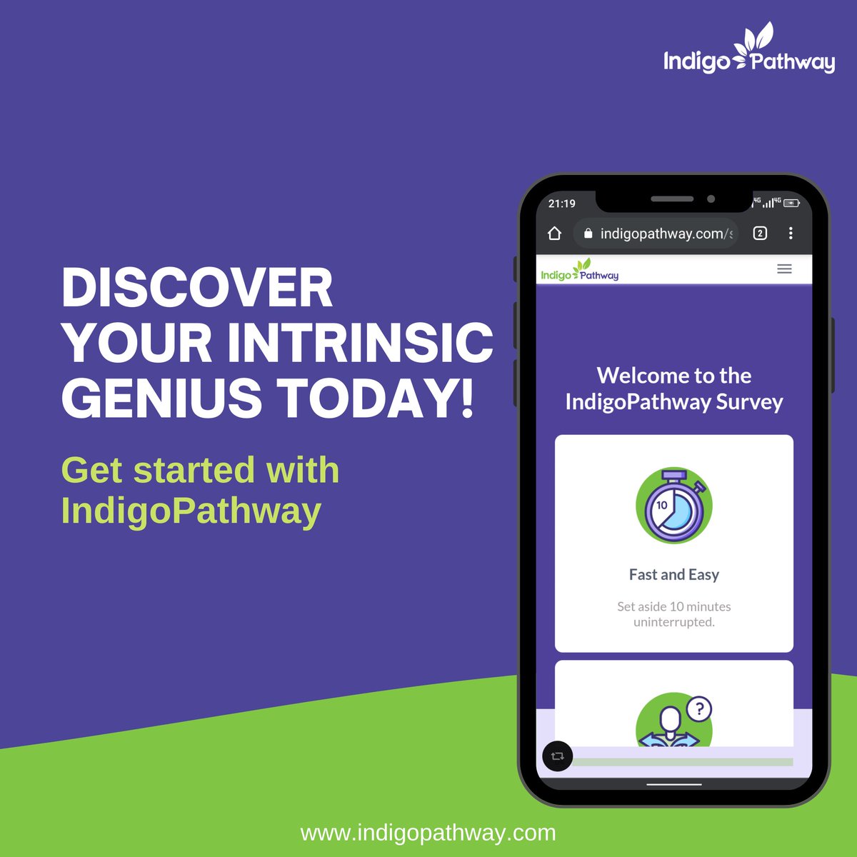 Our career path quiz is designed to help you discover your intrinsic genius. 

Have 7 minutes to spare?  Take our quiz now and learn more about yourself: indigopathway.com/survey/