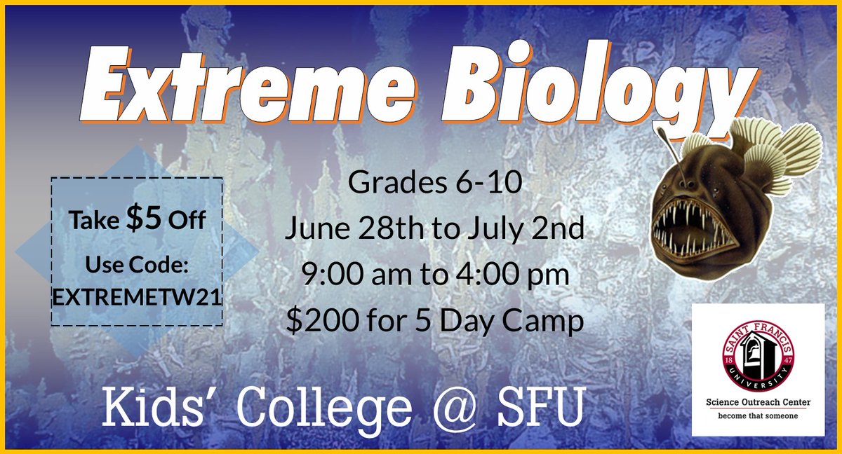 SFUOutreach's tweet photo. "Extreme Biology" camp for students entering grades 6-10 will be held from June 28-July 2 at SFU! Register for this 5-day camp by June 15 and take $5.00 off the cost of registration when you use code "EXTREMETW21"
Learn more about this and other camps at https://t.co/seUBt5QoSn https://t.co/Rrqya3OaFo