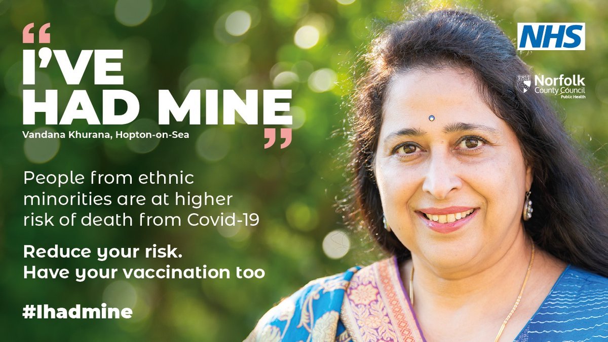 NorfolkCC's tweet photo. People from ethnic minorities can be at higher risk from Covid-19.
Reduce your risk β get your vaccination as soon as it's offered to you.ππ
Vandana's had hers. Make sure you can say #Ihadmine. https://t.co/vKhGvqHWlg