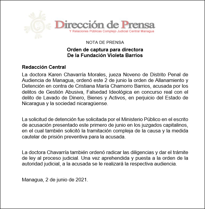 canaltn8's tweet photo. #Nicaragua | Nota de Prensa || Orden de captura para directora  de la Fundación Violeta Barrios https://t.co/yLiA4i5hdh