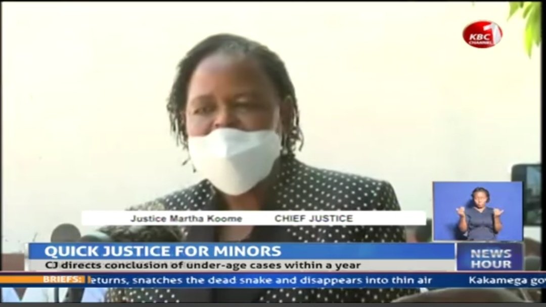 KBCChannel1's tweet image. Chief Justice Martha Koome directs conclusion of cases facing minors within a year #KBCNewsHour ^CM @serfine_achieng