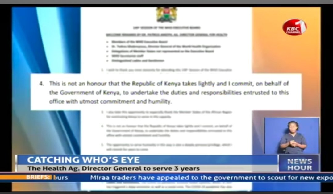 KBCChannel1's tweet image. Health Ag. Director General Dr Patrick Amoth elected World Health Organisation Executive Board chair #KBCNewsHour ^CM @serfine_achieng