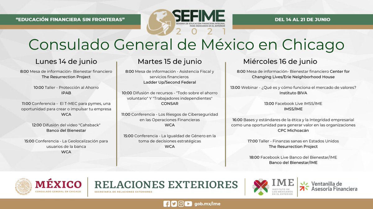 ConsulMexCho's tweet photo. 🗓 Ya se acerca la Semana de Educación Financiera Integral para Mexicanos en el Exterior 📚💰. Échale un ojo 👀 al calendario de actividades que tendremos en #ConsulmexChicago https://t.co/T8EYZcMTOA