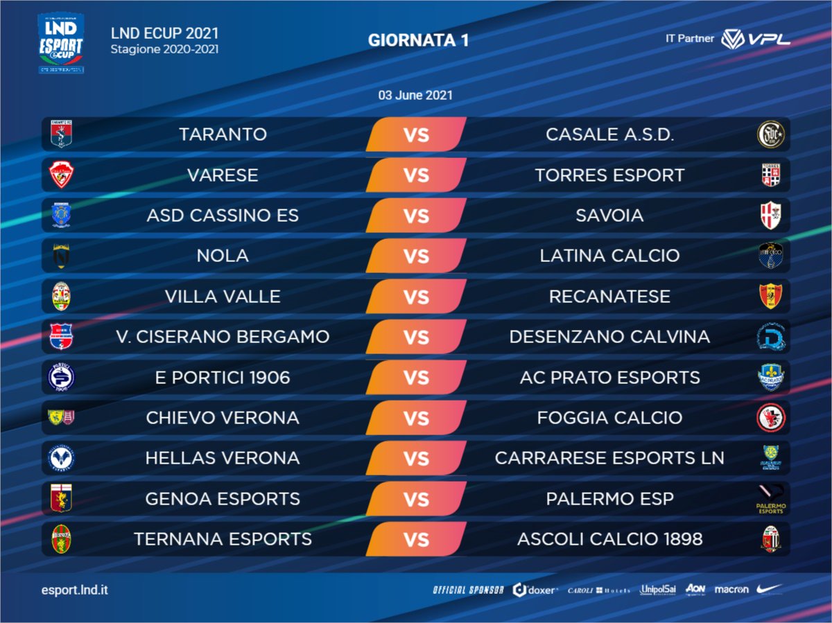 #LNDeCUP2021 1° Turno⚽️🎮

Ecco chi scenderà in campo questa sera ore 22:00

<a href="/VPLItaly/">VPL Italy 🇮🇹</a> <a href="/LegaDilettanti/">LND</a>