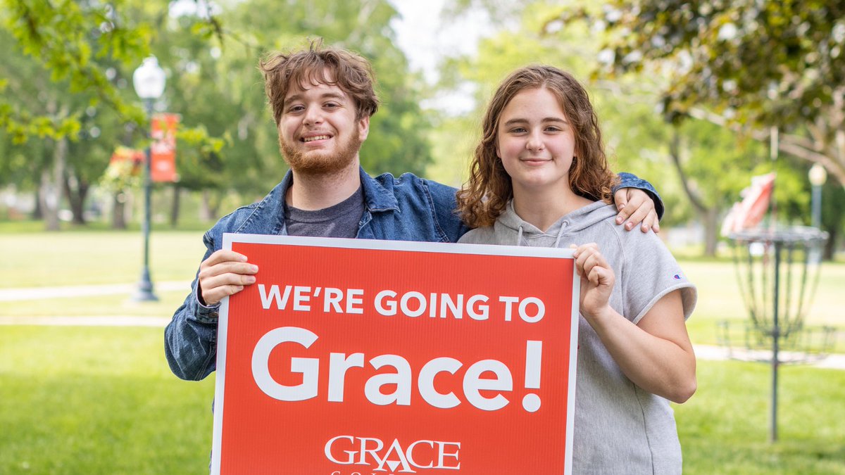 gracecollege's tweet photo. Andrea and Bennett Mickley are twins coming to Grace, so we had a special sign made just for them! Are there any high school graduating triplets out there that would like to top this feat? #GoWithGrace #GetYourSign https://t.co/zyBqnqDybv https://t.co/xyq2jinJDW