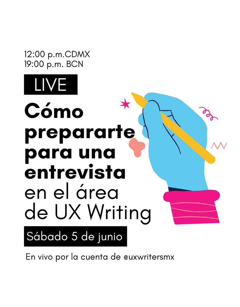 Te esperamos este sábado 05 de junio a las 12 del día hora de la CDMX en la cuenta de Instagram de UX Writers MX en esta ocasión conversará <a href="/Barbs_Ro/">Barb Romero I Mentor de tu mentor favorito</a>  con <a href="/ahiteva/">Tk lifico</a> sobre este gran tema. #uxwritingenespañol #uxwriting #contentdesign