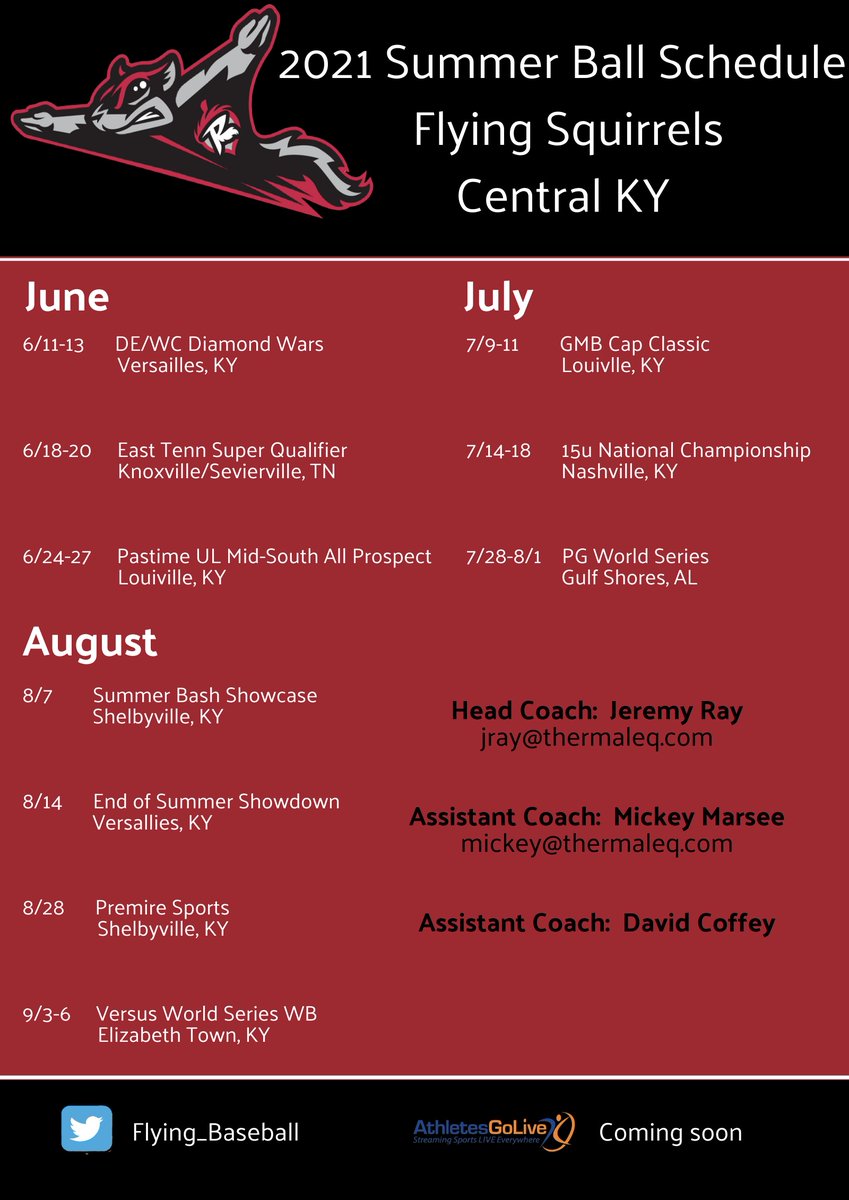It's that time of year⚾️
Below is the Flying Squirrels 15u baseball schedule. Start of first tournament is ONLY 9 days away. It's going to be an amazing summer filled with great baseball!!
<a href="/Jray1078/">Jeremy Ray</a> <a href="/mickey_marsee/">Mickey Marsee</a>