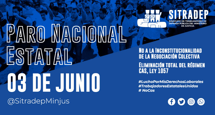 sitradep's tweet photo. PARO NACIONAL ESTATAL🚨 este 03 DE JUNIO, juntos desde casa 🏠 nos pronunciamo📢
🙋♀️No a la Incontitucionalidad de la Negociación Colectiva
🙋Eliminación total del Régimen CAS, Ley 1057.
#SitradepMinjus
#LuchoPorMisDerechosLaborales #NoCas #TrabajadoresEstatalesUnidosDesdeCasa https://t.co/p2ZOSickWL