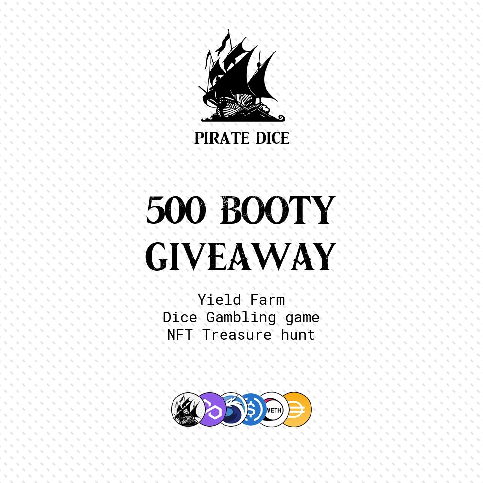 🏴‍☠️ GIVEAWAY 🏴‍☠️ We are giving away 500 BOOTY all you have to do is: 
✅ Like this tweet
✅ Retweet this tweet
✅ Tag a fellow pirate in the replies

5 people will win 100 BOOTY each. 
piratedice.xyz