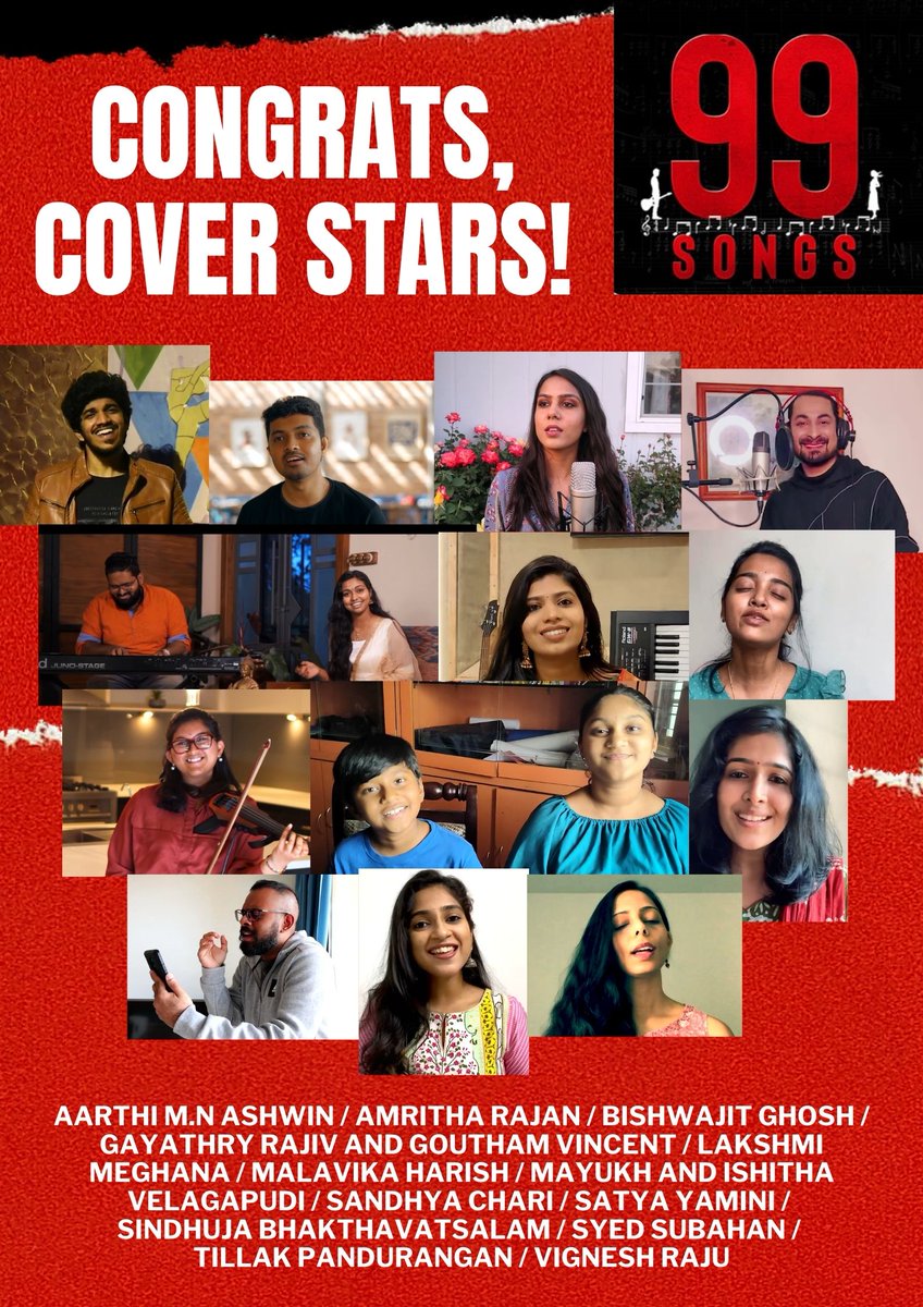 All of you are winners. Thank you for the music.
#99SongsCoverStars #99Songs
@aarthimn_ashwin, #AmrithaRajan, @BishwajitG22, #GayathryRajiv & @GouthamVincent, @LakshmiMeghanaK
