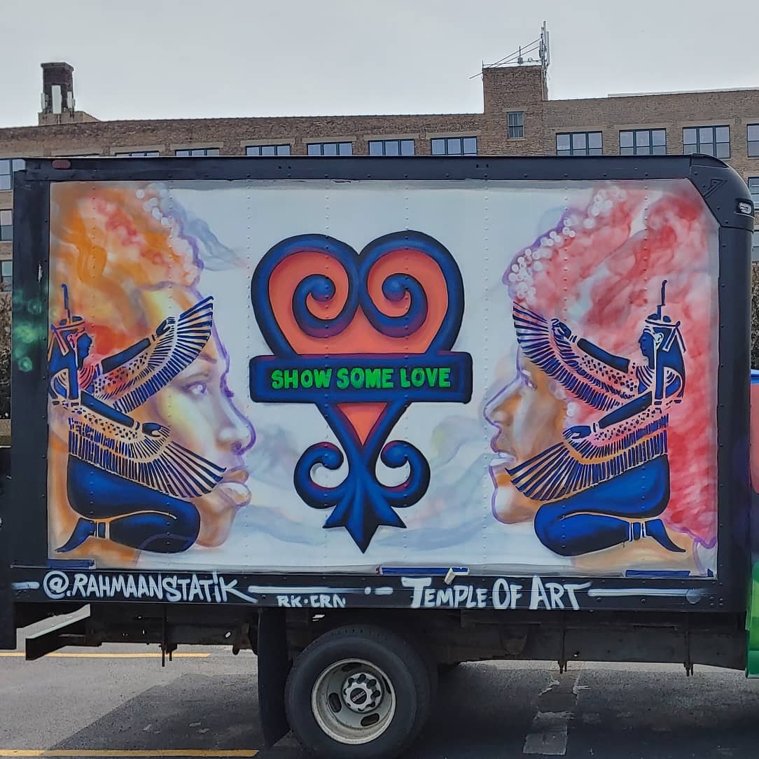 RahmaanStatik's tweet photo. Rahmaan Statik. Temple of Art. Spray paint on Box Truck . Mobile mural. Commissioned and collaborated with @medinatheartist #blackart365 #blackart #blackartist @kobrapaint #redblackandgreen #juneteenth #chicagopublicartgroup #chicagostreetart #chicagoartist #aerosolart https://t.co/O2AhEziOQh