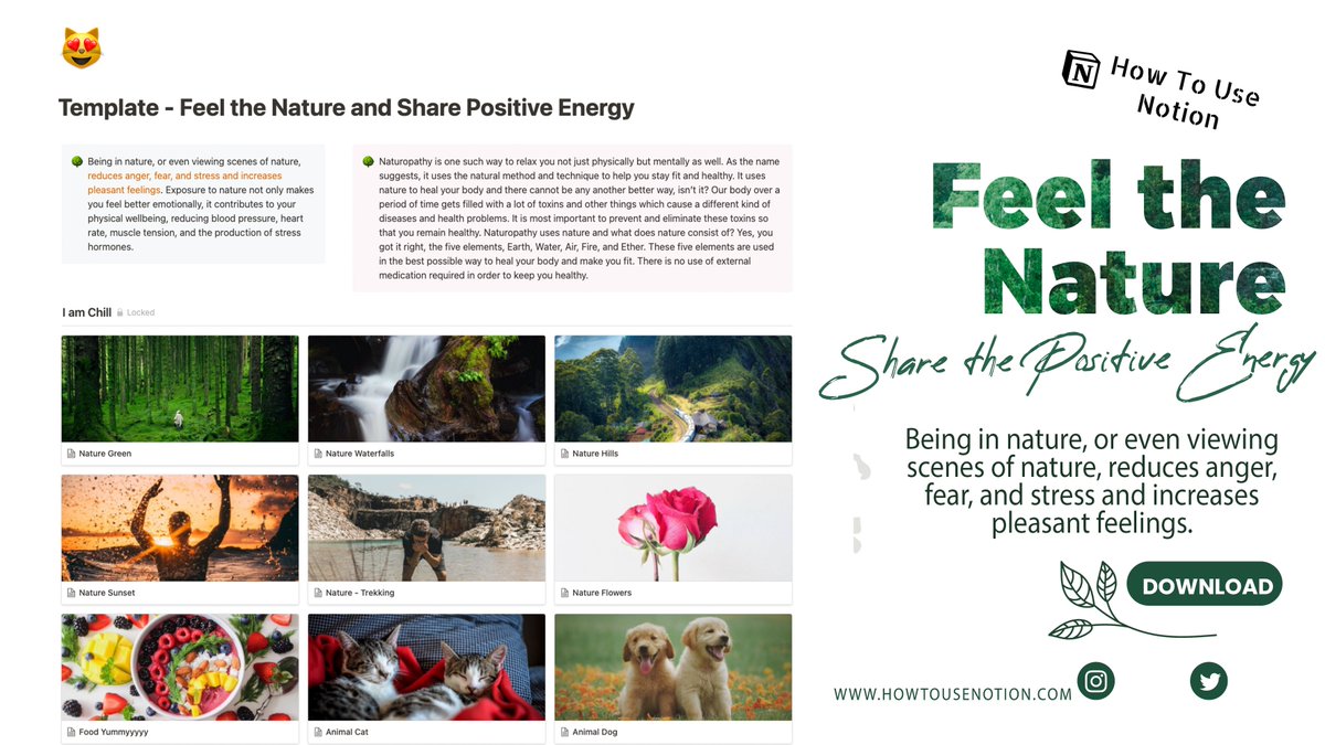 HowToUseNotion's tweet image. Viewing scenes of nature, reduces anger, fear, and stress and increases pleasant feelings - Download Notion Template
#notion #notiontemplate #freenotiontemplate #Naturopathy #relax #calm #happylife #gratitude #FeeltheNature #PositiveEnergy #stressfreeliving
