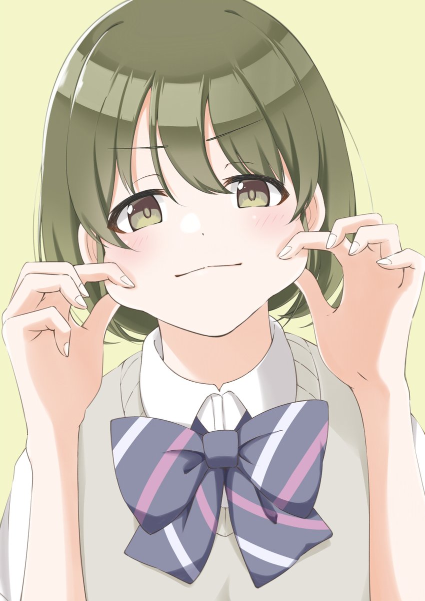 1girl pinching cheek pinching green hair bow short hair solo  illustration images