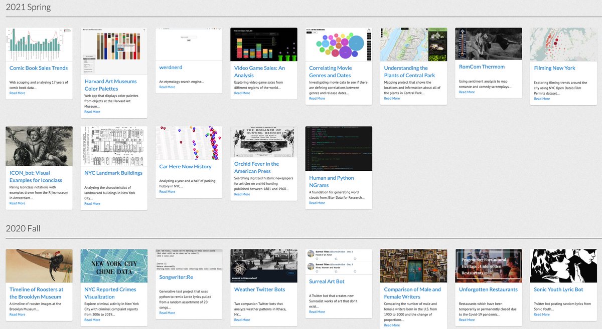 Check out 21 new student projects at pfch.nyc. 
These come from <a href="/prattischool/">Pratt iSchool</a>’s Programming for Cultural Heritage Fall 2020/Spring 2021 classes. Lots of interesting ideas exploring datasets and APIs of all kinds.