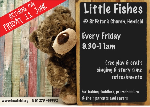 StPeterHenfield's tweet photo. We are delighted to announce that our ‘Little Fishes’ group for babies, pre-school children, and their parents and carers will return on the 11th June at 9.30am at St.Peter’s Church, Henfield.  For further infomation contact the Church Office on 01273 495532 https://t.co/LcJ8SdqWpJ