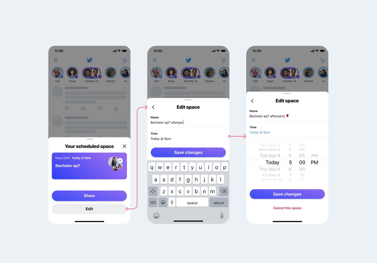 Phone screens for a Scheduled Space where you have the option to edit the title, the date and time. 
There are buttons to save your changes or to cancel the space.
