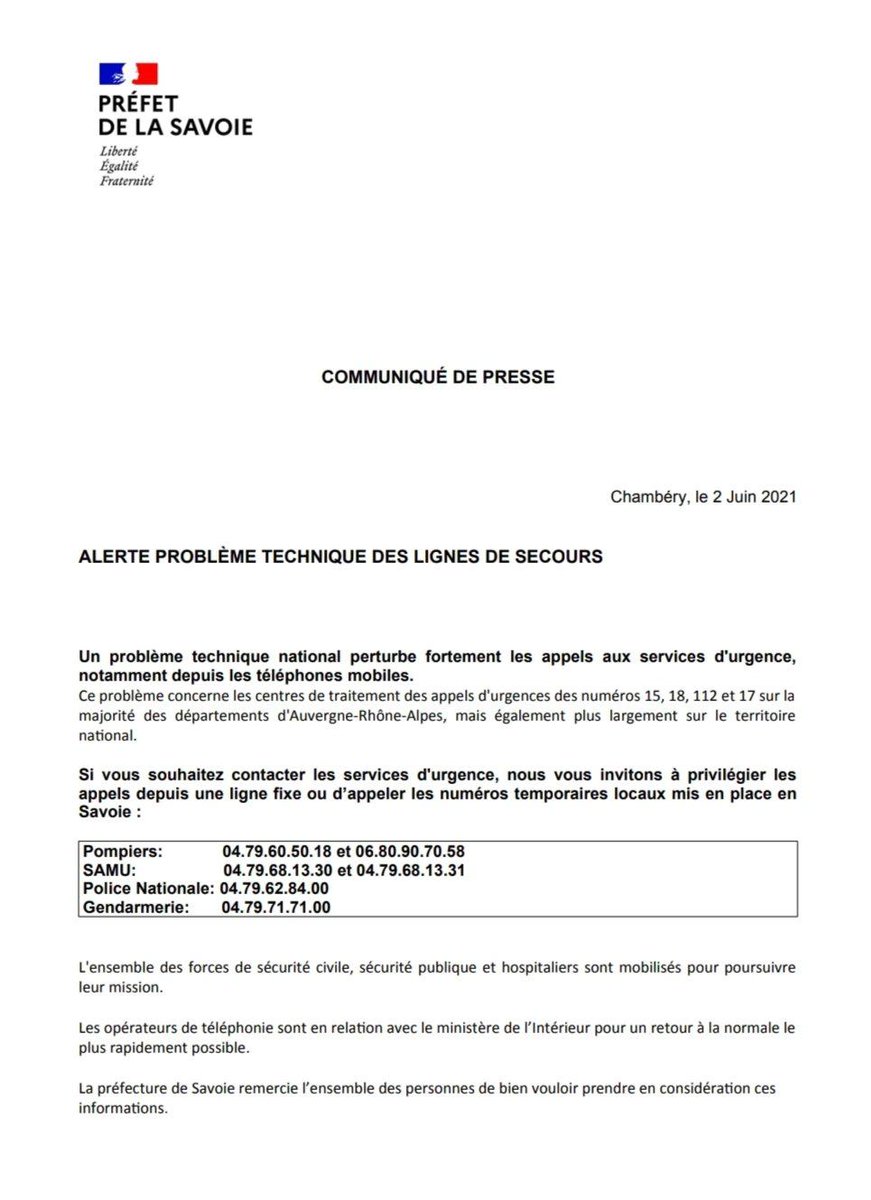 Un incident majeur impacte les numéros d'appels d'urgence. Voici les numéros à composer en cas de besoin en #Savoie.

Merci au <a href="/Prefet73/">Préfète de la Savoie 🇫🇷</a> pour ce communiqué.