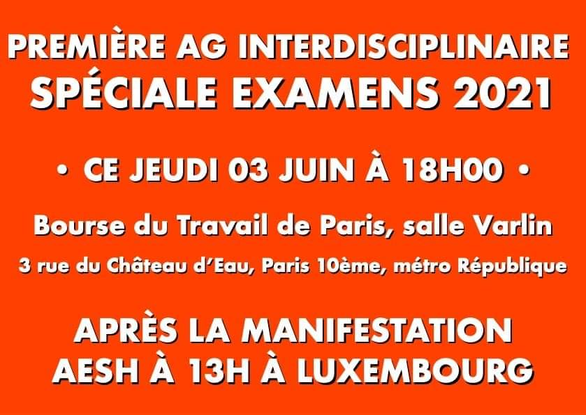 📢 2 RDV à ne pas manquer jeudi 3 juin :
1️⃣ MANIFESTATION AESH
📌 À 13h à Luxembourg
2️⃣ PREMIÈRE AG INTERDISCIPLINAIRE SPÉCIALE EXAMENS (ouverte aux personnels convoqués ou susceptibles de l'être)
📌 À 18h à la Bourse du Travail de Paris en salle Eugène Varlin