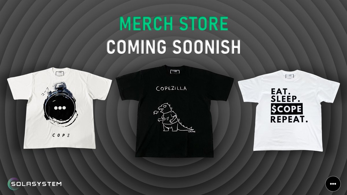 Sola_System's tweet image. COPE | Merch on Solasystem. Payment using $COPE or $USDC. Coming soonish. ☀️

RT &amp;amp; comment for a spot in the queue for early beta!

 #Solana #SolanaSummer #solanaszn #COPE