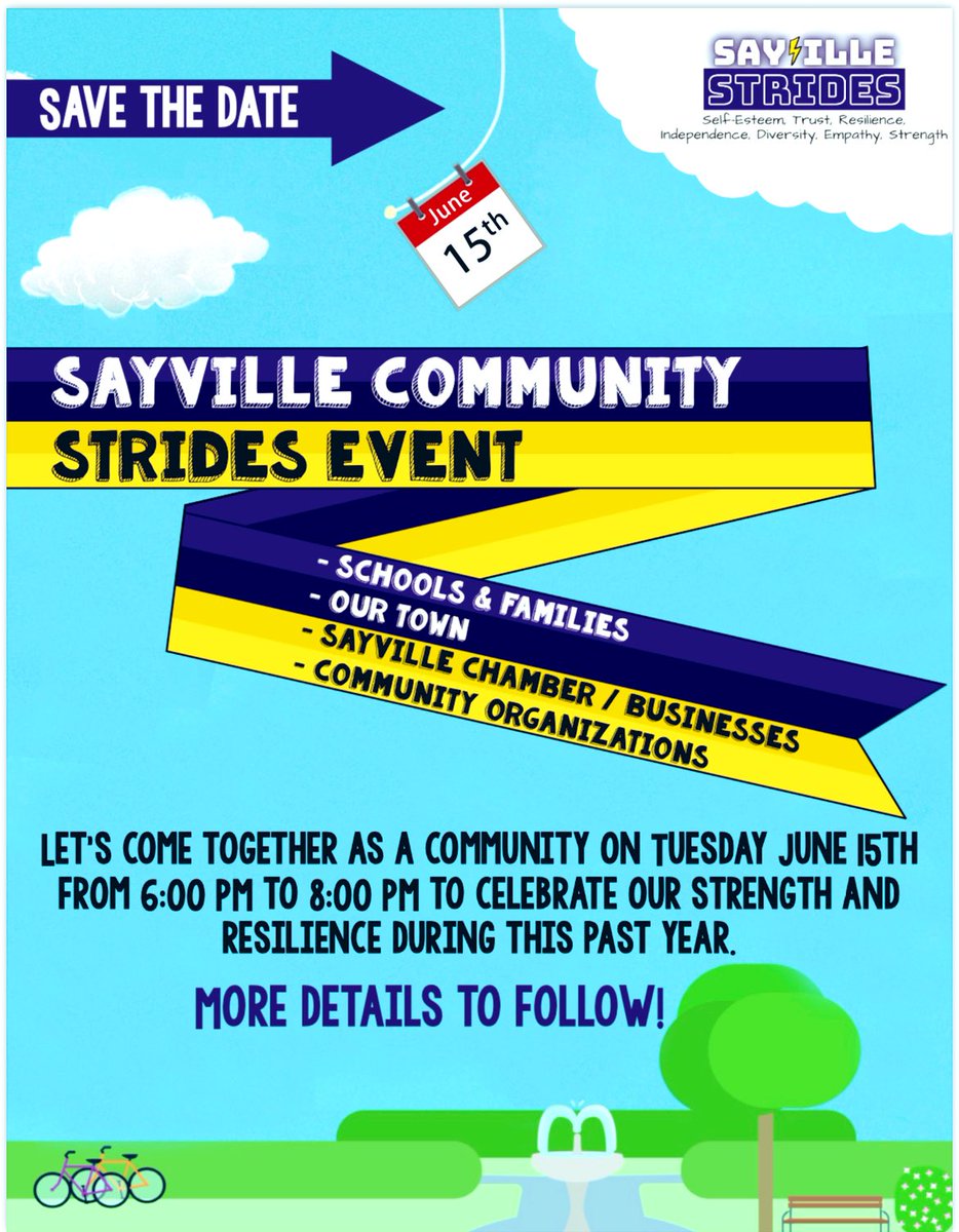 SayvilleStrides's tweet photo. SAVE THE DATE for our Community Event celebrating our collective strength &amp; resilience! Click on the flyer below. @SayvilleHS @SayvilleMS @LincolnAveElem @SunriseDrElem @Sayvillek12 @GSBCoalition @dr_crish @JimFoy1376 @Joe_Castoro @SameHere_Global @LI_CAB @DrStimmel https://t.co/E4n40dTeQs