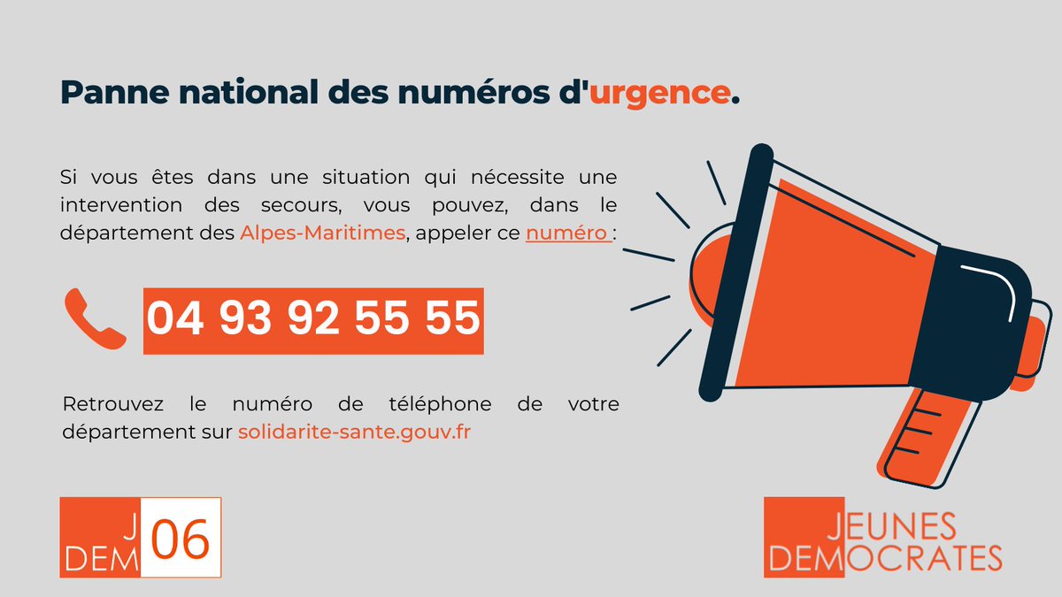 jdem06's tweet photo. ⚠️ Une #panne touche actuellement les numéros d'#urgence en France.

En cas de nécessité, dans les #AlpesMaritimes, vous pouvez appeler le 📞 04 93 92 55 55.

Retrouvez le numéro correspondant à votre département. ⬇️

🔗 https://t.co/cf4mj6LFQB

Cc/ @Nice_Matin @nicepremium https://t.co/srp0UvVNdi