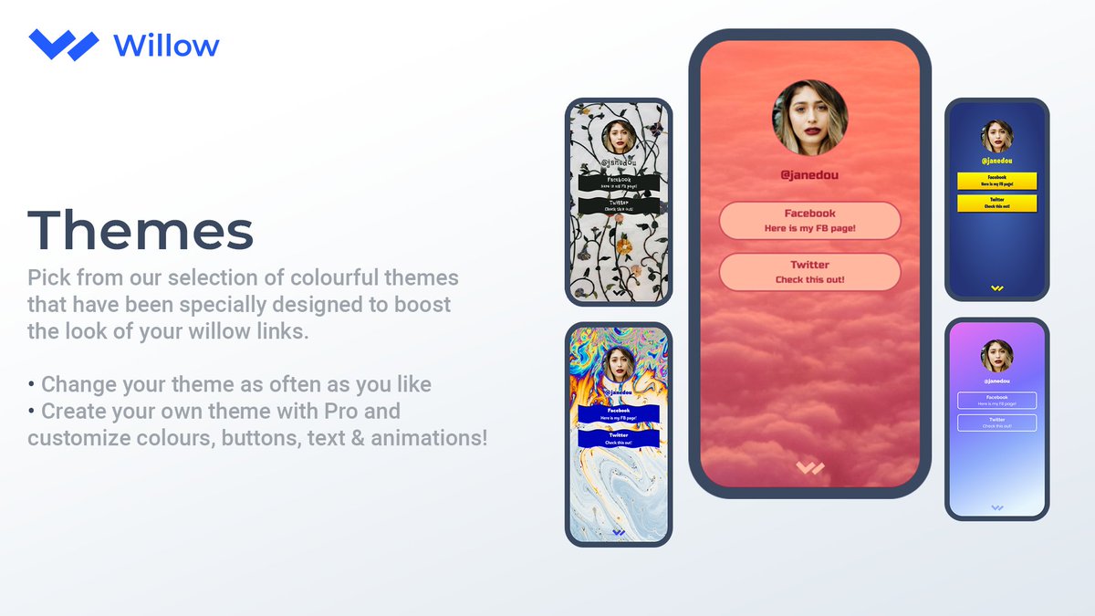 Beautify your link-in-bio with the help up #Willow's built-in theme library or create your own theme by upgrading to #WillowPro. 

Get started, here: wlo.link