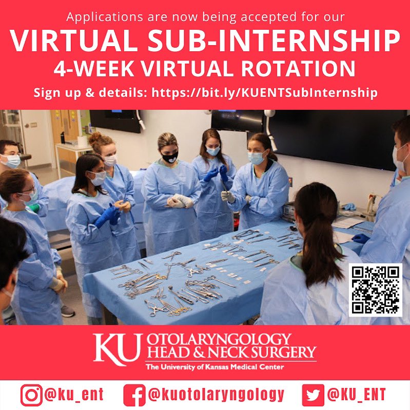 KU_ENT's tweet photo. π’ Med students, youβre invited to sign up for a virtual sub-internship @KU_ENT π https://t.co/Xbh1geEUD6
#ENTsurgery #Otomatch #Match2022 #Virtualmatch2022 #WeAreOto #MedEd #Otolaryngology #MedTwitter #MedStudentTwitter #DiscoverENT https://t.co/c4cXiuq1hB