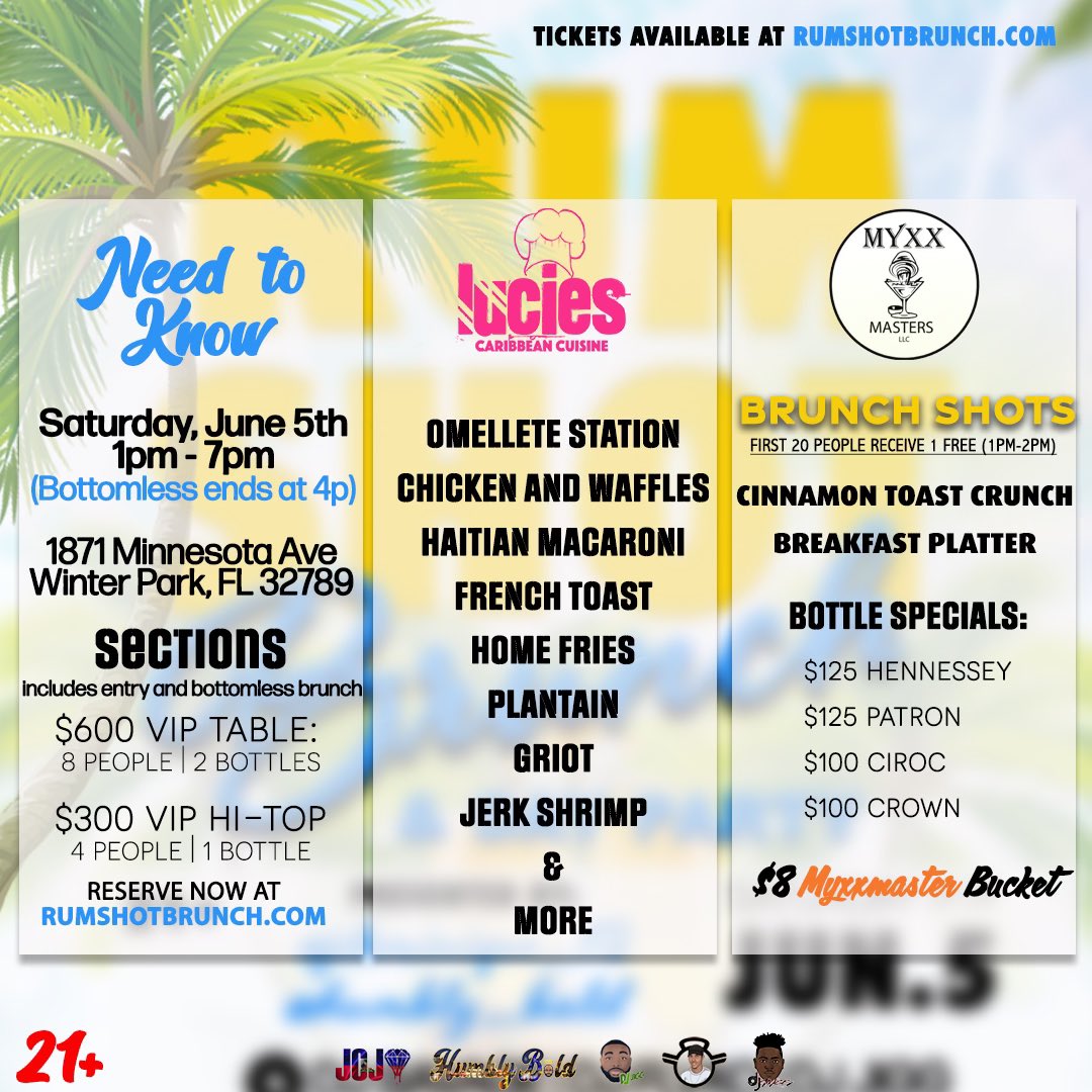 Rum_Shot's tweet photo. 4 DAYS AWAY‼️

THIS SATURDAY, June 5th

RUM SHOT ORLANDO 🥃🔫

Bottomless Brunch 🧇 
Bottomless Mimosas/Sangrias 🥂 🍾 
Bottomless Vibes 💃 🕺🏿 

Music by:
@DJSavage305
@DJFlvko
@DJigg_

🚨 ONLINE SALE ENDS FRIDAY 🚨

TICKETS AVAILABLE AT https://t.co/e28UxAlMlg https://t.co/Deu2jozW9h