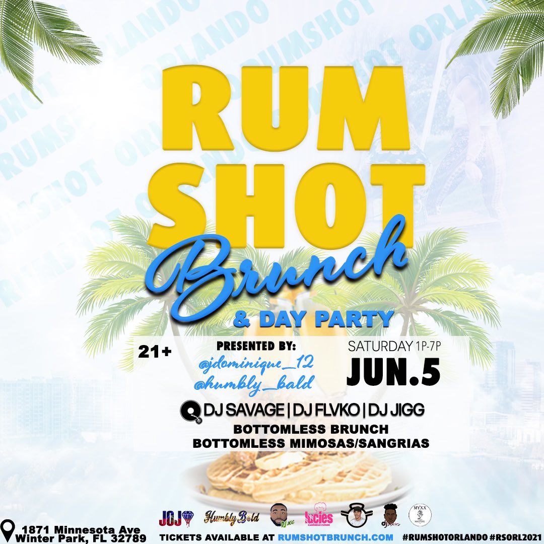 Rum_Shot's tweet photo. 4 DAYS AWAY‼️

THIS SATURDAY, June 5th

RUM SHOT ORLANDO 🥃🔫

Bottomless Brunch 🧇 
Bottomless Mimosas/Sangrias 🥂 🍾 
Bottomless Vibes 💃 🕺🏿 

Music by:
@DJSavage305
@DJFlvko
@DJigg_

🚨 ONLINE SALE ENDS FRIDAY 🚨

TICKETS AVAILABLE AT https://t.co/e28UxAlMlg https://t.co/Deu2jozW9h