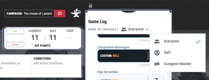 A screenshot of the character sheet depicting the game log in use. The dropdown next to: Send to (Default) reads Everyone, Self, or Dungeon Master.