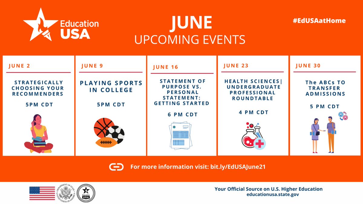 Join EducationUSA #WebinarWednesdays! Mark your calendar 🗓️ and prepare your application for your studies in the Unites States 🇺🇸. Don’t miss our June sessions starting today!

 Registration➡️ bit.ly/EdUSAJune21

#EdUSAatHome #StudyinUSA #InternationalStudent